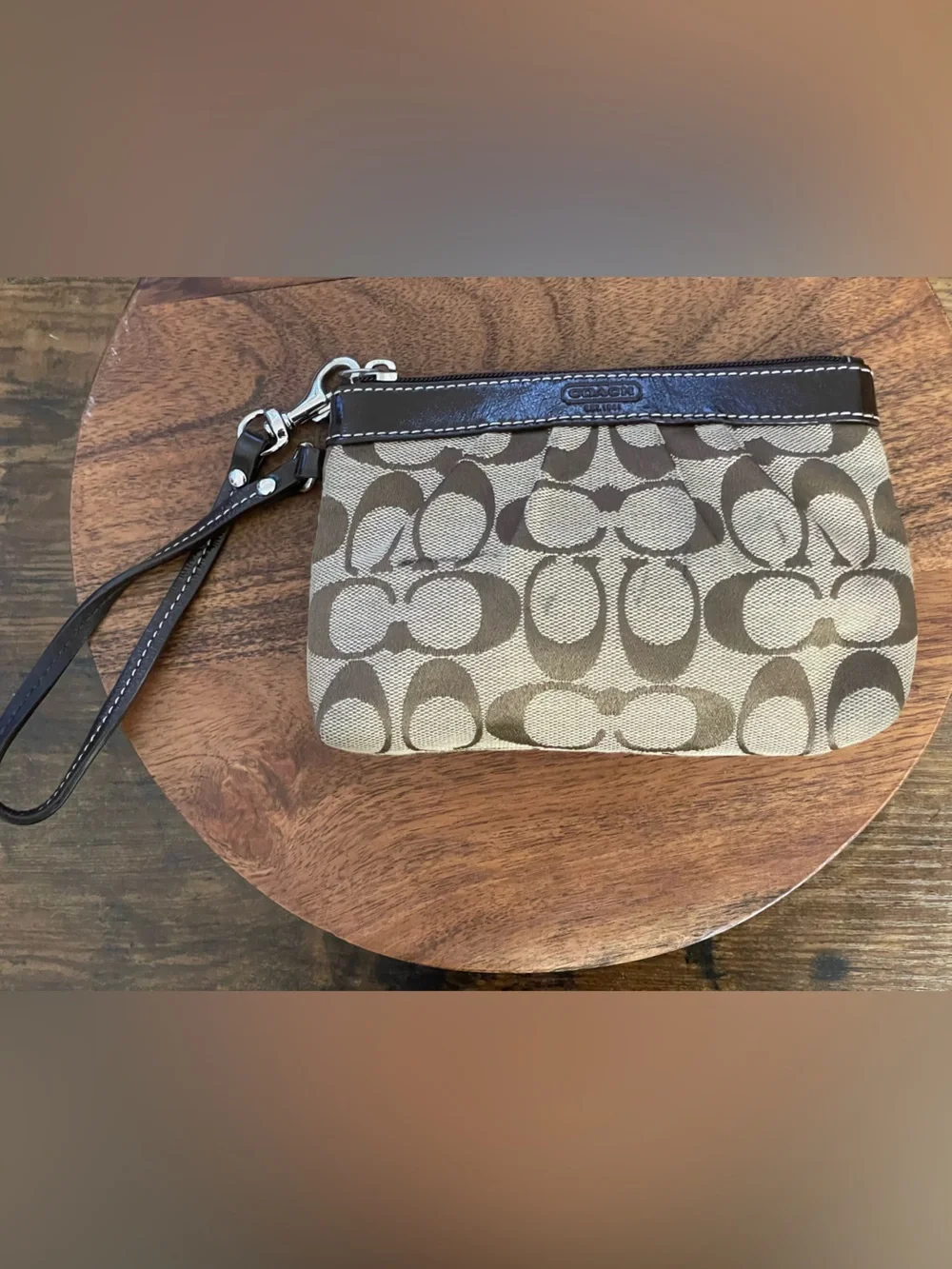 COACH Brown & Tan Signature Jacquard Wristlet